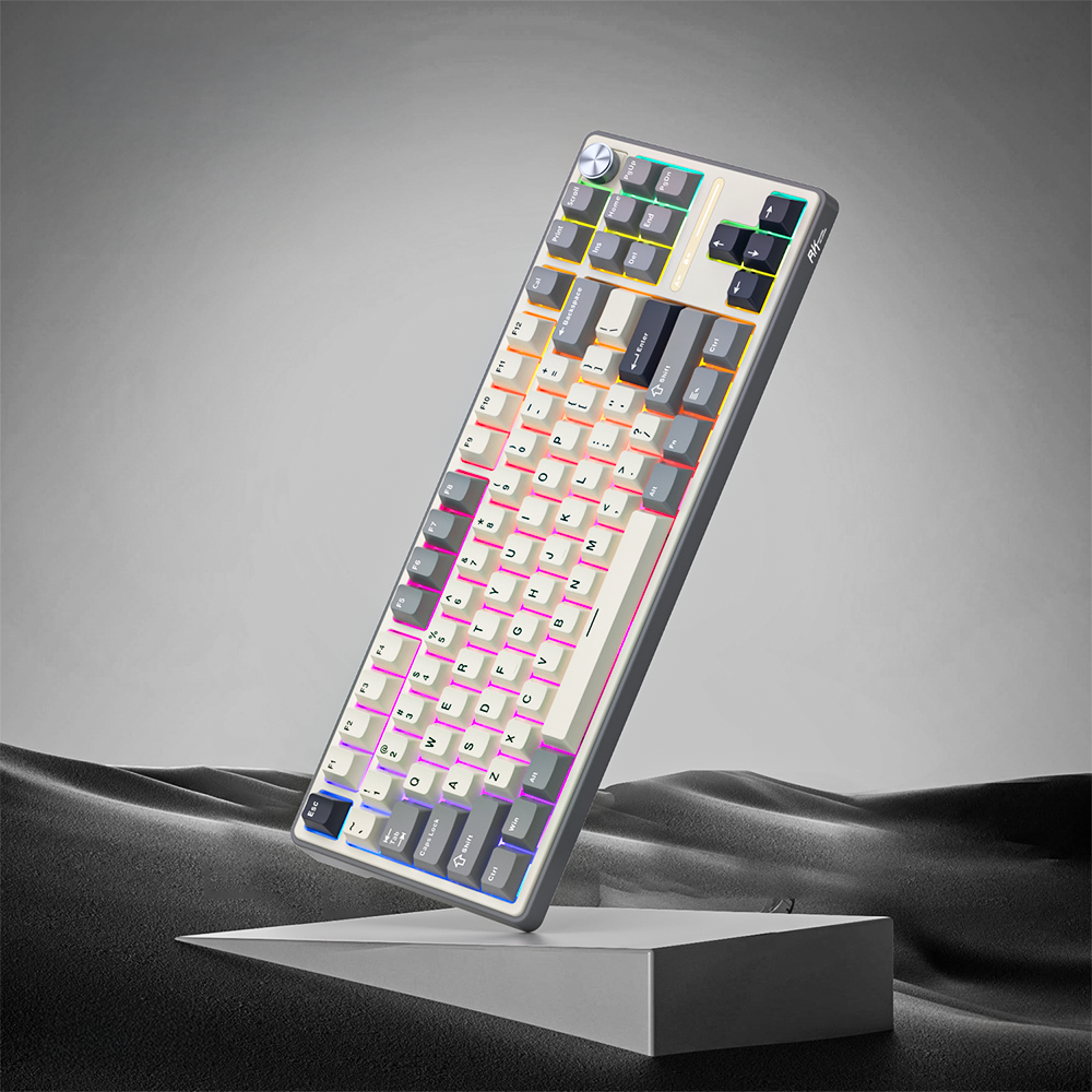A Royal Kludge RK R87 Pro half grey TKL mechanical keyboard with RGB lighting, displayed on a stand against a gradient background.